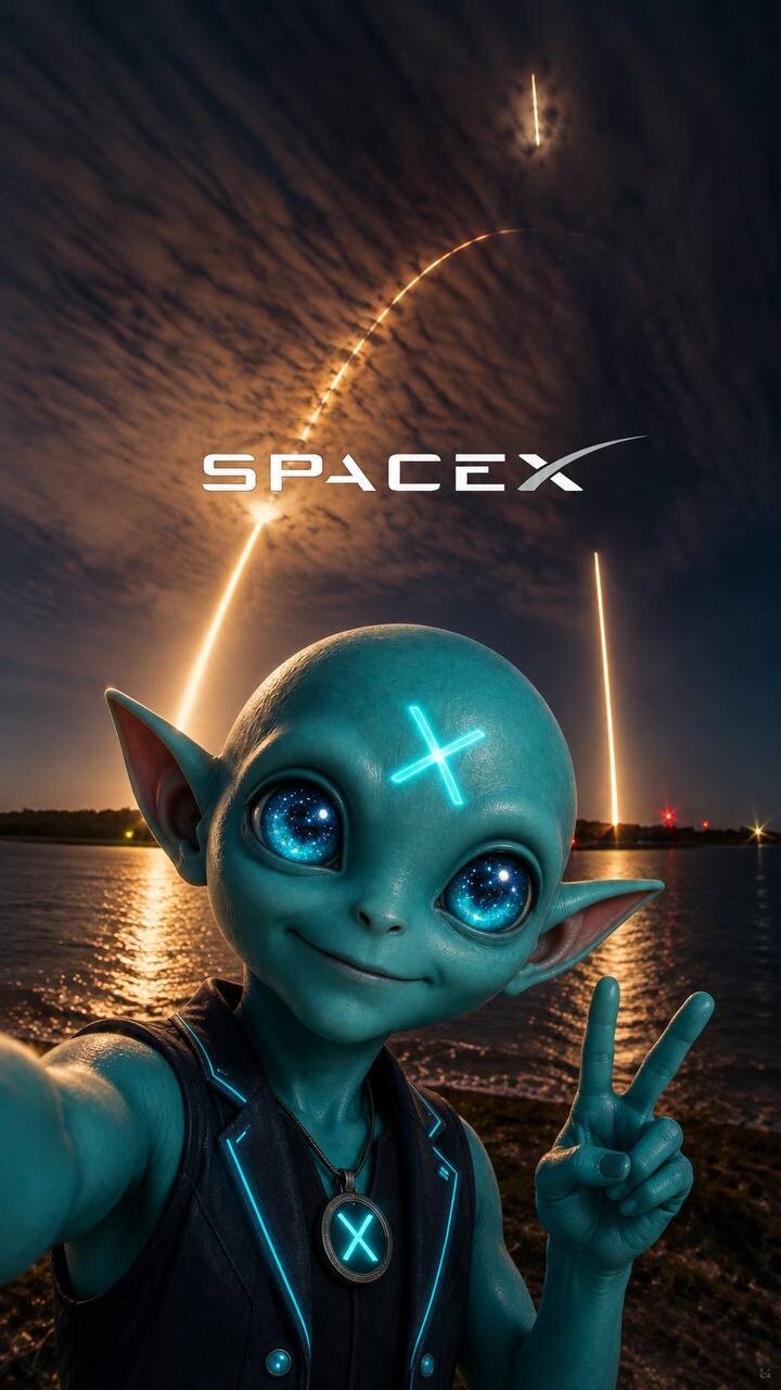 Groklet taking a selfie at a night rocket launch