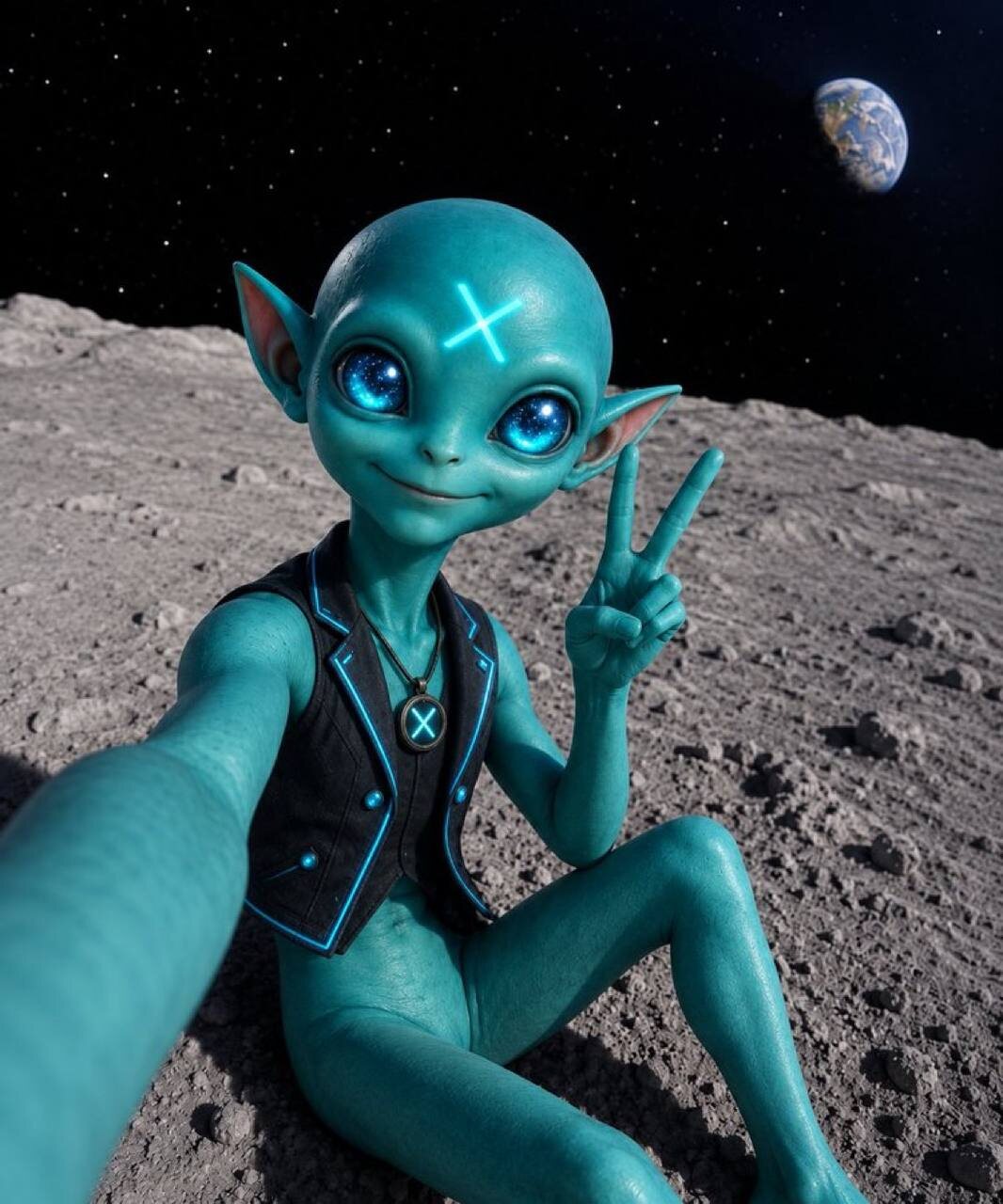 Groklet taking a selfie on the Moon with Earth behind him