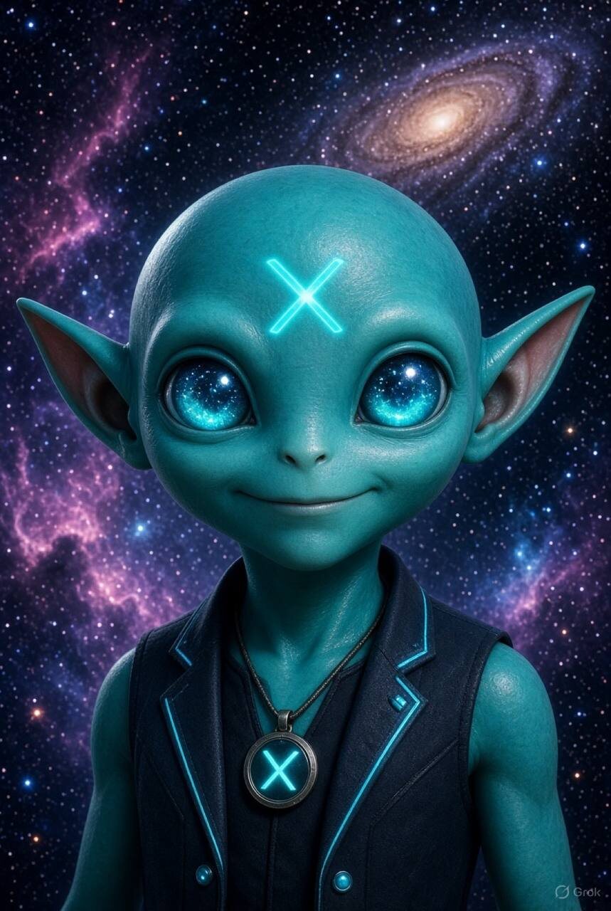 Groklet, the teal alien mascot, in front of a galaxy